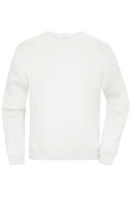 An oversized white sweatshirt with long sleeves and a crew neck, featuring a logo.