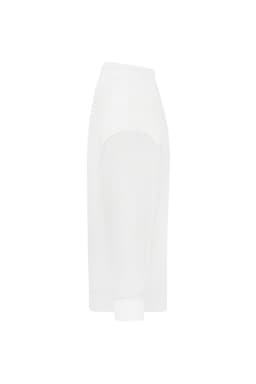 A white oversized jumper with a unique design featuring cut-out details on the sleeves. It has a logo.