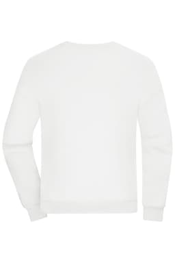 A white oversized sweatshirt with long sleeves and a simple design, featuring a logo on the back.
