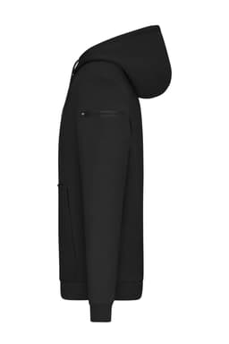 A black men's hoodie with a hood, featuring a side zip pocket and elastic cuffs.