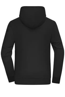 A black men's hoodie with a back view, featuring long sleeves and a hood. It has a branding logo on the sleeve.