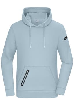 A light blue hoodie featuring a front pocket and a side zip pocket, with a logo on the sleeve.