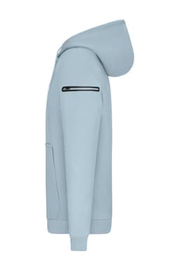 A light blue men's hoodie with a zippered pocket on the sleeve and a hood. It features a logo on the design.