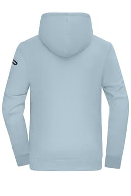 A light blue men's hoodie featuring a hood and long sleeves, with a logo on one arm.