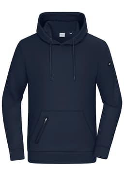 A navy interlock men's hoodie featuring a front pocket and a small logo on the sleeve.
