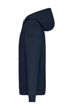 A men's navy hoodie with a zippered pocket and a side view showcasing the hood and overall design.