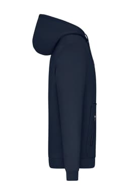 A navy blue men's hoodie with a zipper, featuring a pocket and a hood, shown from the side.