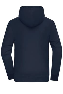 A navy blue men's hoodie featuring a hood, with long sleeves and a simple design. It has a logo on one sleeve.