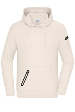 A men's interlock hoodie in cream with a front pocket and a logo on the sleeve.
