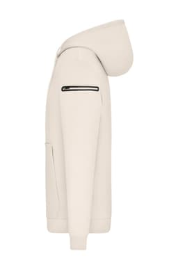 A cream-coloured men's interlock hoodie featuring a hood and a zippered arm pocket. It has a logo as well.
