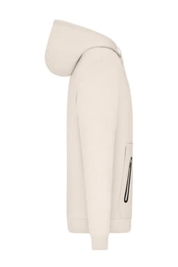 A beige interlock men's hoodie with a kangaroo pocket and a hood, featuring a branding logo.