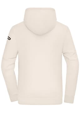 A men's interlock hoodie in cream colour with a hood and long sleeves, featuring a logo on one sleeve.