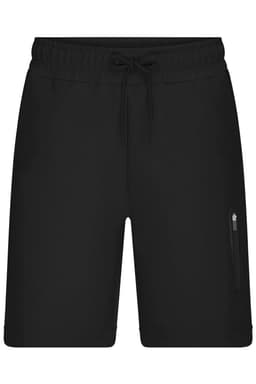 Black interlock sports shorts featuring an elastic waistband and a zip pocket. Includes a logo on the front.