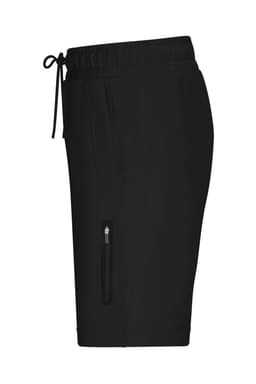 Black sports shorts with an elastic waistband and side zip pockets, featuring a logo on the left leg.