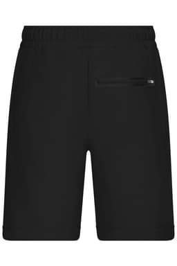 Black interlock sports shorts featuring an elastic waistband and a zippered pocket on the side.