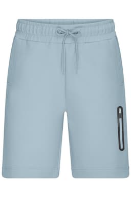 Light blue sports shorts featuring an elastic waistband and a zippered pocket on the side. There is a branding logo included.