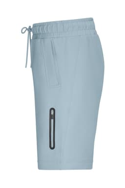 Light blue sports shorts featuring an elastic waistband and side zip pocket. Includes branding on the fabric.
