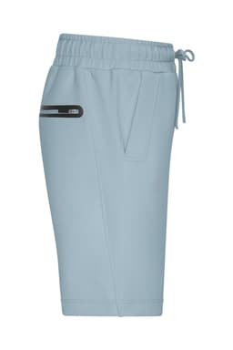 Light blue men's interlock sports shorts with an elastic waistband and a side pocket design, featuring a logo.