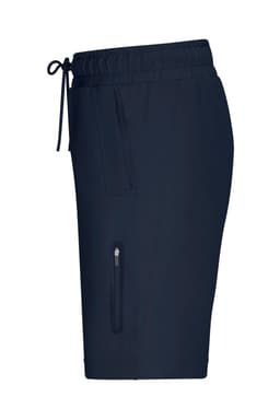 A pair of navy blue sports shorts with an elastic waistband and zippered side pocket, featuring a logo.
