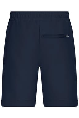 Navy blue men's sports shorts featuring an elastic waistband and a zippered pocket, with a logo on the side.