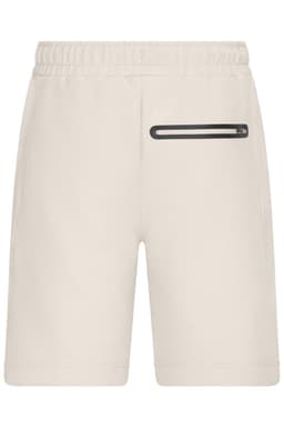 Men's sports shorts in a light cream colour featuring an elastic waistband and a zippered pocket.