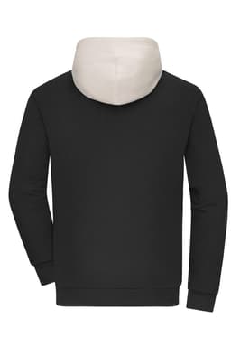 A colour-block hoodie featuring a black body and a light grey hood, with a logo on the back.