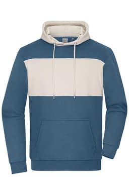 A colour-blocked hoodie featuring a blue body and a cream stripe across the chest. It includes a front pocket and a logo.