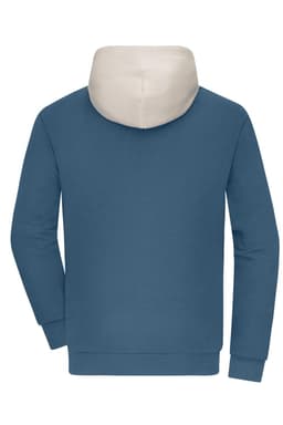 A colour-block hoodie in blue with a beige hood, featuring long sleeves and a logo.