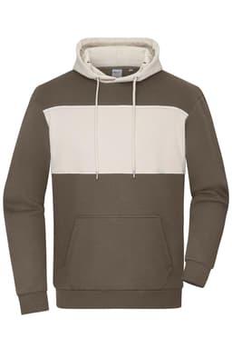 A colour-block sweat hoodie in brown and cream, featuring a front pocket and a drawstring hood. It has a logo.