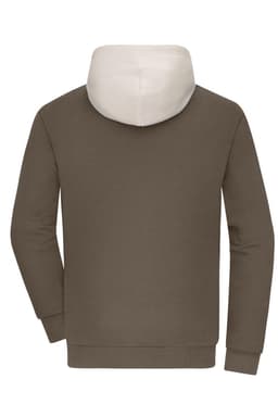 A colour-block hoodie in brown and cream, featuring a hood and long sleeves. The back view showcases a simple design.