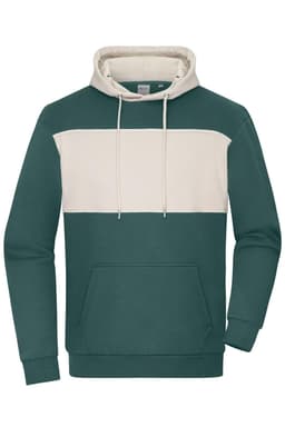 A colour-block hoodie in dark green with a cream panel, featuring a front pocket and drawstring hood.