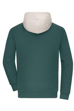 A colour-block hoodie featuring a dark green body and a cream-coloured hood, with long sleeves and a logo.