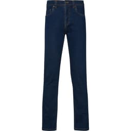 A pair of dark blue denim jeans with a fitted style and pockets. The jeans have a logo on the waistband.