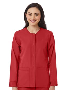 A red women's warm-up jacket with long sleeves, a round neckline, and front pockets, featuring a logo.