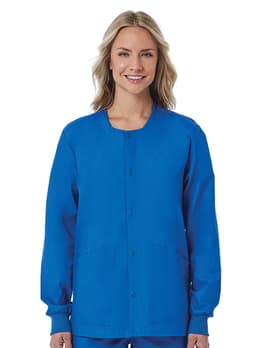 A unisex snap jacket in bright blue, featuring long sleeves and a button-up front, with pockets.