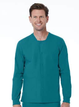 A teal unisex snap jacket with long sleeves and a front pocket, featuring a branding logo.