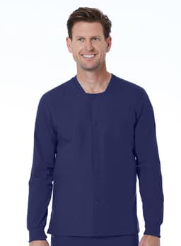 A unisex snap jacket in navy blue, featuring a simple design with long sleeves and a front pocket.