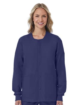 A unisex snap jacket in navy blue, featuring long sleeves and a button closure. It has a pocket and a simple design.