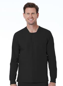 A black unisex snap jacket with a round neckline and long sleeves, featuring a button closure at the front.