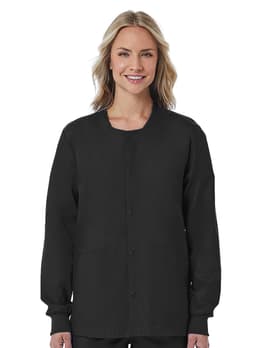 A unisex snap jacket in black, featuring a front snap closure and long sleeves. The model is smiling.