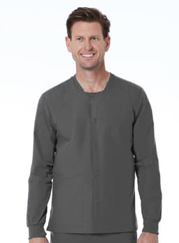 A unisex snap jacket in grey, featuring a button front and long sleeves, modelled by a smiling man.