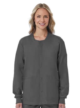 A unisex snap jacket in grey, featuring a round neckline and long sleeves, with a logo present on the left side.