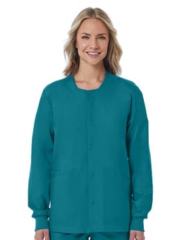 A unisex snap jacket in teal with a simple design and button-up front. Features a logo on the garment.