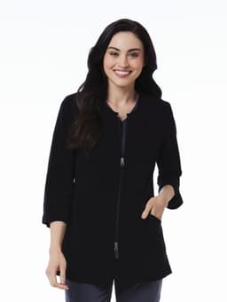 A black women's lab jacket with 3/4 sleeves and a front zipper, featuring a stylish and modern design.