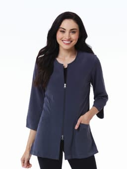 A navy blue women's 3/4 sleeve lab jacket with a zip front and pockets. It features a simple, elegant design.