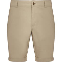 Beige dress shorts with rolled cuffs, featuring a button closure and a branded logo.