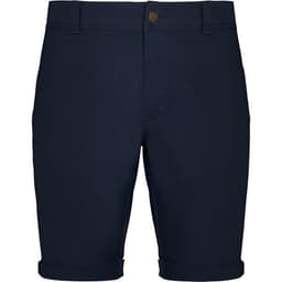 Navy blue dress shorts with a button and zip fastening, featuring rolled cuffs and a small logo on the front.