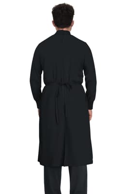 A black clinical cover gown with long sleeves and a tie at the waist, viewed from the back.