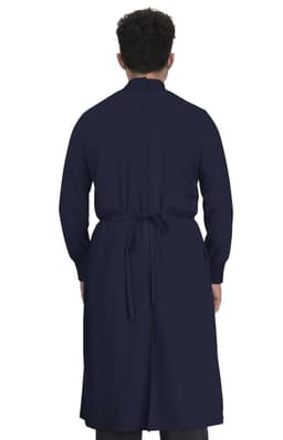 A navy blue clinical cover gown with long sleeves, viewed from the back, featuring a tied waist.