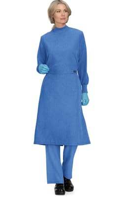 A blue clinical cover gown with long sleeves and an apron-style front, worn by a model.